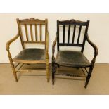 A Pair of open arm chairs with mid rails to back, scrolled arms and turned legs.