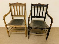 A Pair of open arm chairs with mid rails to back, scrolled arms and turned legs.