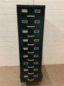 A vintage nine drawer metal filing cabinet by Art Metal London (H136cm W39cm D64cm)