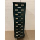 A vintage nine drawer metal filing cabinet by Art Metal London (H136cm W39cm D64cm)