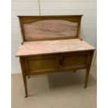 A Pine Two Door Washstand with marble top and framed marble splashback. H 118cm x W 107cm x D 53cm