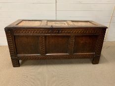 An 18th Century three panelled Oak Coffer H 63cm x W 138cm x D 51cm