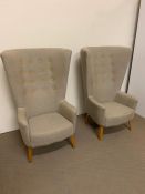 A pair of Deadgood loved up chairs, upholstered seats with high backs, deep wings sides with