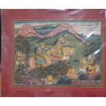 An INDIAN Mewar school miniature painting depicting a Maharajah and courtieurs hunting tigers, (29.