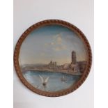 A French terracotta decorative dish with relief depicting Marseille's cathedral from the sea, (35 cm