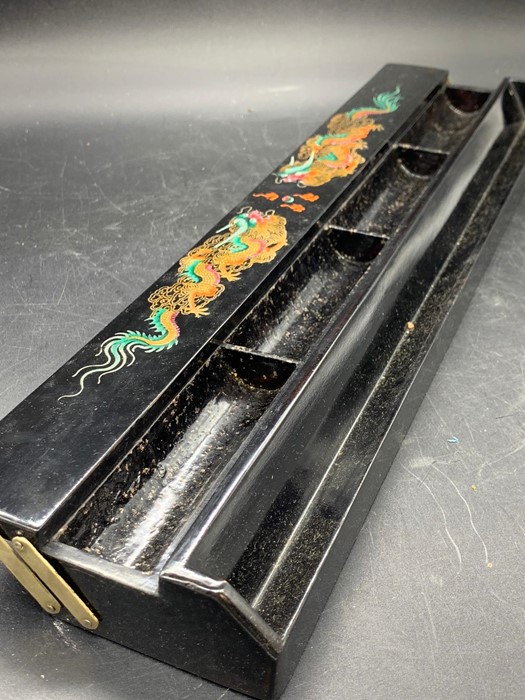 A set of four lacquer wooden file game stands or counters. decorated with imperial dragons - Image 4 of 4