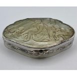 A Silver and mother of pearl pill box, indistinct hallmark, makers mark BM (Berthold Muller) 9.7