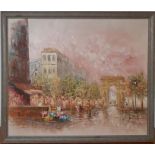 A pair of 20th century English school, 'Paris scenes', illegibly signed, oil, framed (50x60 cm