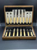 Garrard & Co canteen of hallmarked silver and bone handled fish knives and forks, six place