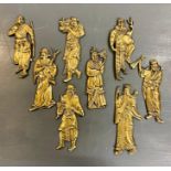 A collection of antique brass Chinese warrior figures, wall hanging