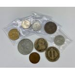A selection of old French coins, including two 1792 2 sols coins, two 1918 silver franc coins