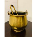 A Brass Coal Bucket with tongs Height 23 cm x Diameter 23 cm