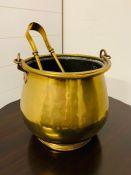 A Brass Coal Bucket with tongs Height 23 cm x Diameter 23 cm