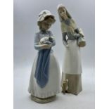 A Lladro figure of a lady holding a basket and dog at her feet along with a Nao figure of a girl