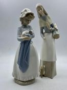 A Lladro figure of a lady holding a basket and dog at her feet along with a Nao figure of a girl