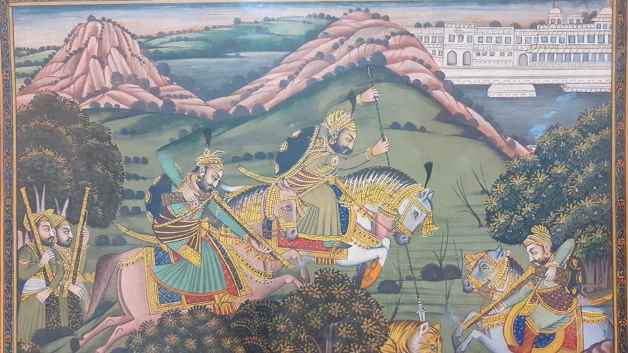 An INDIAN Mewar school miniature painting depicting a Maharajah and courtieurs hunting tigers, (29. - Image 2 of 3