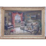 A 20th century English school, 'Interior', illegibly signed, oil on panel, framed (58x89 cm).