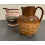 A Sunderland Bridge pink Lustre ground pearlware jug flanked by two mottos with in flower cartouches