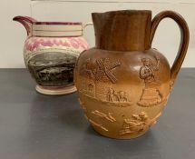 A Sunderland Bridge pink Lustre ground pearlware jug flanked by two mottos with in flower cartouches