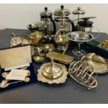 A selection of silver plate items and coffee pots