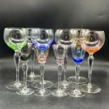 Mid Century wine and liqueur glasses with coloured bowls