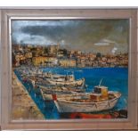 A 20th century English school, 'Coastal village', illegibly signed, oil on canvas, framed