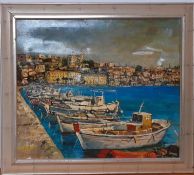 A 20th century English school, 'Coastal village', illegibly signed, oil on canvas, framed