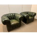 A Pair of Green leather button back, Chesterfield style club chairs.