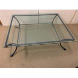 A square glass top coffee table on metal base and shelf under (114 cm x 145 cm x 43 cm)