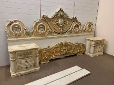 A Silik bedroom set, consisting off a bedframe in a baroque style and matching tables with drawers