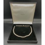 A Single knotted row of 55 pearls, 7 to 7.5mm diameter on a pearl and 3 single cut diamond set