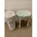 A stool and two wicker baskets