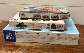 A selection of three boxed army tank model kits to include Tamiya British Army Saladin MKII, Esci