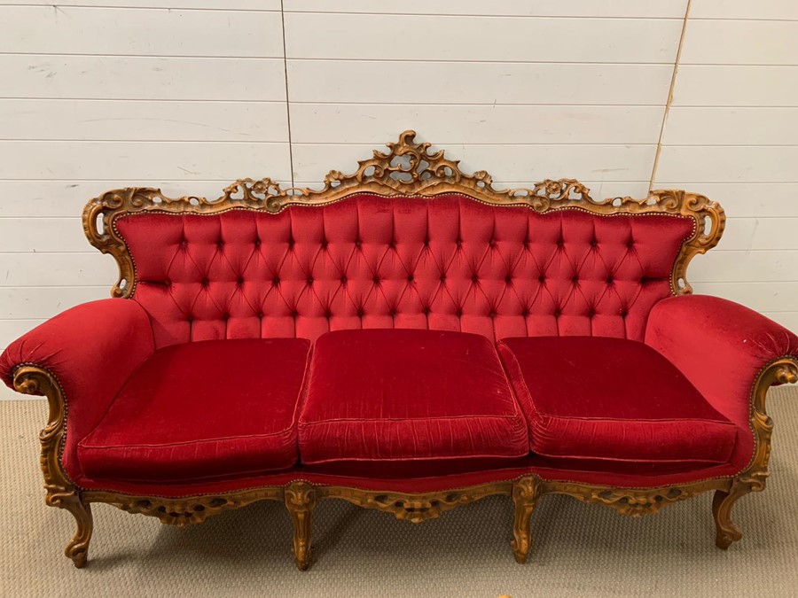 A three piece carved salon suite in red, button back - Image 6 of 6