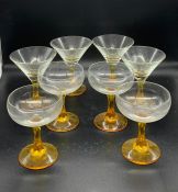 Eight vintage cocktail/champagne coupes with coloured stems