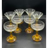 Eight vintage cocktail/champagne coupes with coloured stems