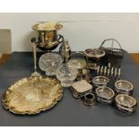 A selection of white metal items including on ice bucket, cocktail shaker etc