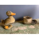 Two garden ornaments one of a duck and one of a boot (H38cm)