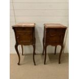A pair of marble top pot cupboards with marble lined cupboard (H68cm Sq42cm)