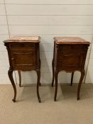 A pair of marble top pot cupboards with marble lined cupboard (H68cm Sq42cm)