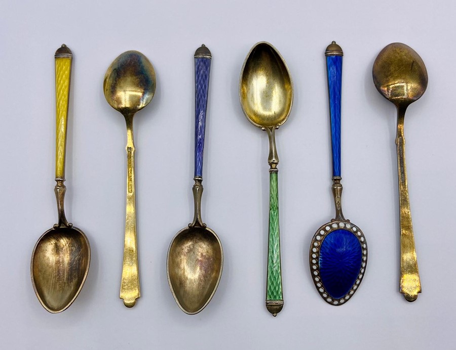 A selection of seven various enamel on silver spoons - Image 3 of 3