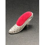 A Silver pincushion in the form of a Victorian Shoe set with Marcasites