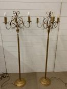 A pair of gilt metal standing lamps with crystal glass style dropless (H145cm)