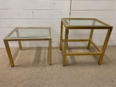 Two Mid Century brass framed side tables with glass top, one by Pierre Vandel Paris (H52cm W50cm