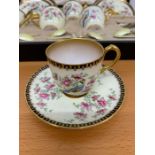 A very rare set of Royal Worcester hand painted demitasse with yellow enamel and silver gilt