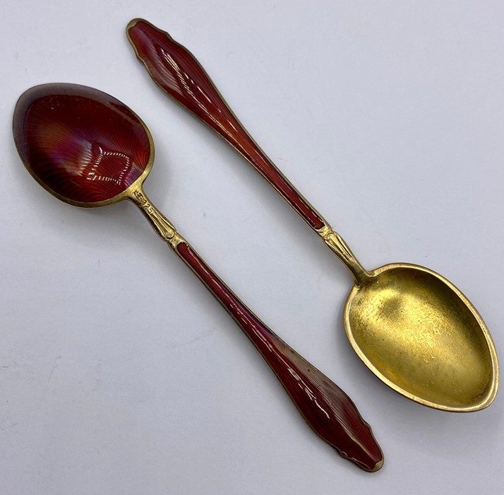 A suite of six red enamel, silver gilt spoons, circa 1920-1930 Norwegian 925 silver. - Image 2 of 4