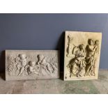 Two garden decorative plaques, one with a Roman theme (30cm x 40cm) and one with cherubs (42cm x