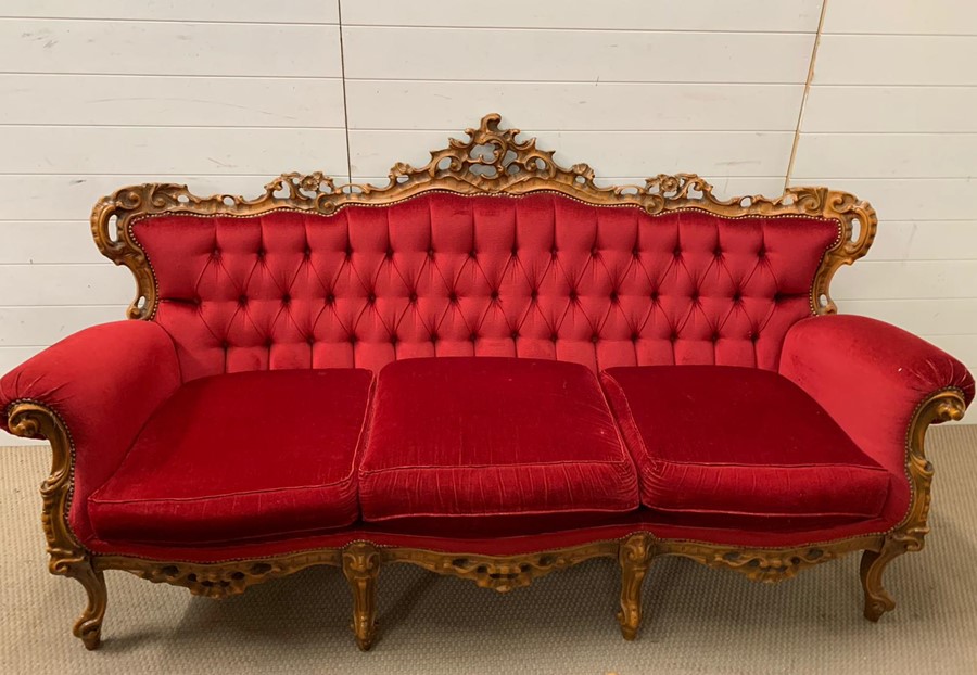 A three piece carved salon suite in red, button back - Image 4 of 6