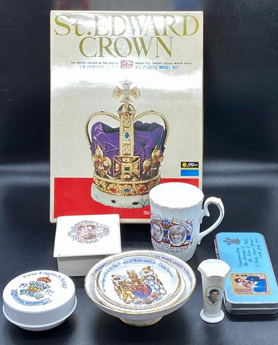 A selection of Royal collectable items to include a cup, bowls, soap, etc, also a St Edward Crown