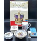 A selection of Royal collectable items to include a cup, bowls, soap, etc, also a St Edward Crown